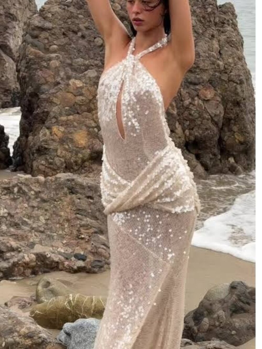 NEW $349 FOR LOVE AND LEMONS SYDNEY SEQUIN HALTER MAXI DRESS SIZE  S